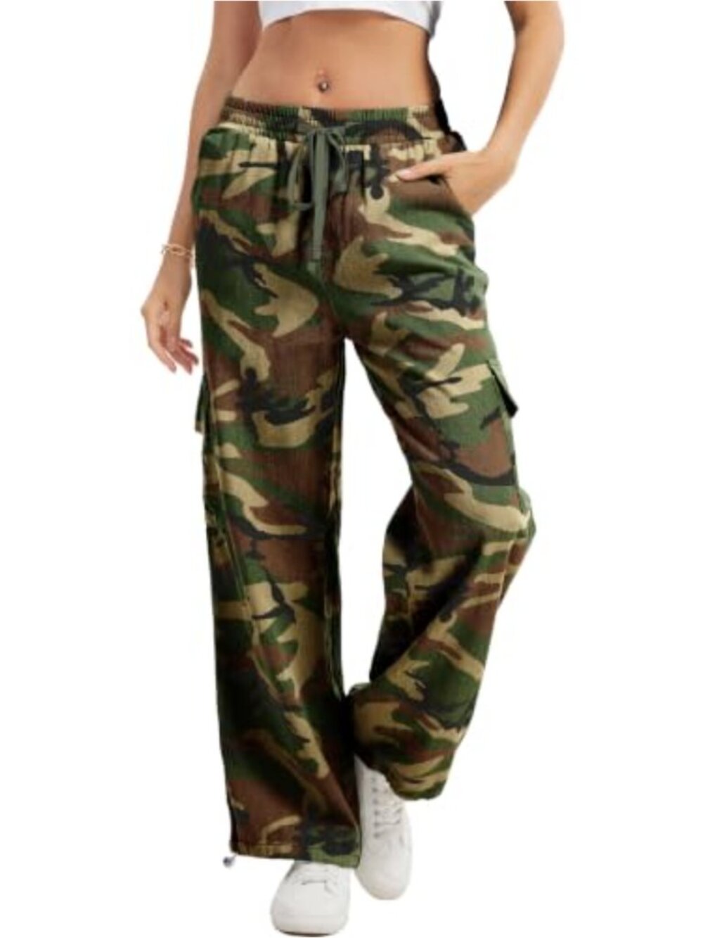 Womens Camo Cargo Pants Wide Leg Drawstring Elastic Waist Cotton Trousers
